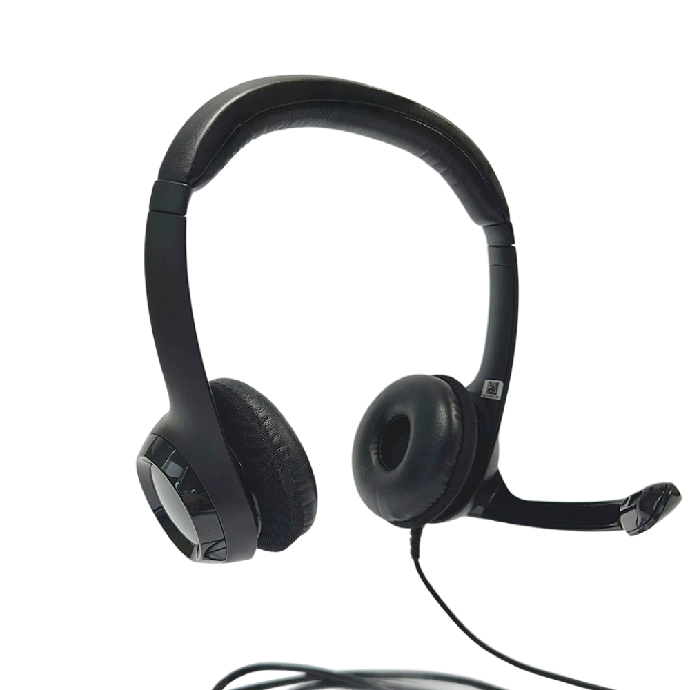 Logitech H390 headset with mic, wired over-ear design, adjustable headband, noise-cancelling microphone.