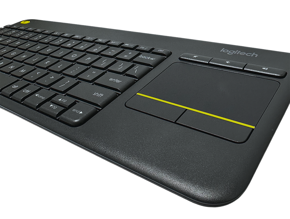 Logitech K400 Wireless Keyboard with built-in touchpad and media control buttons, angled view.