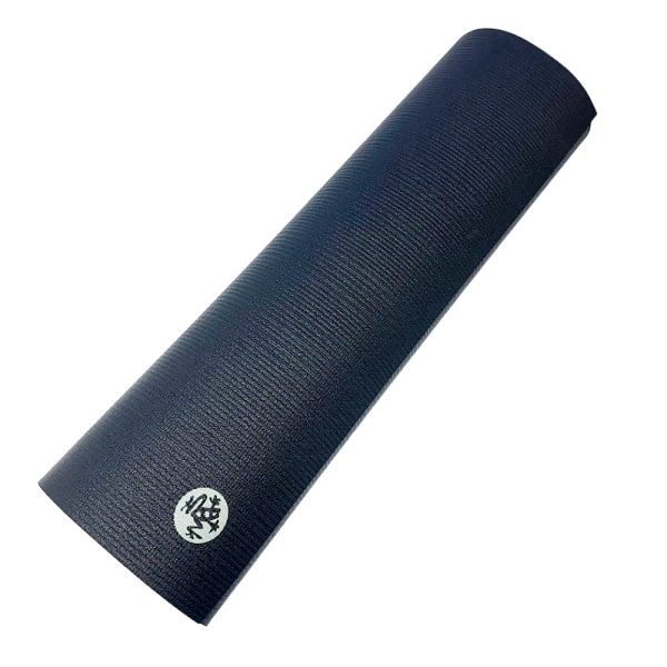 Manduka PROlite Yoga Mat in dark blue, partially rolled with Manduka logo visible.