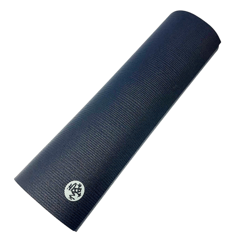 Manduka PROlite Yoga Mat in dark blue, partially rolled with Manduka logo visible.