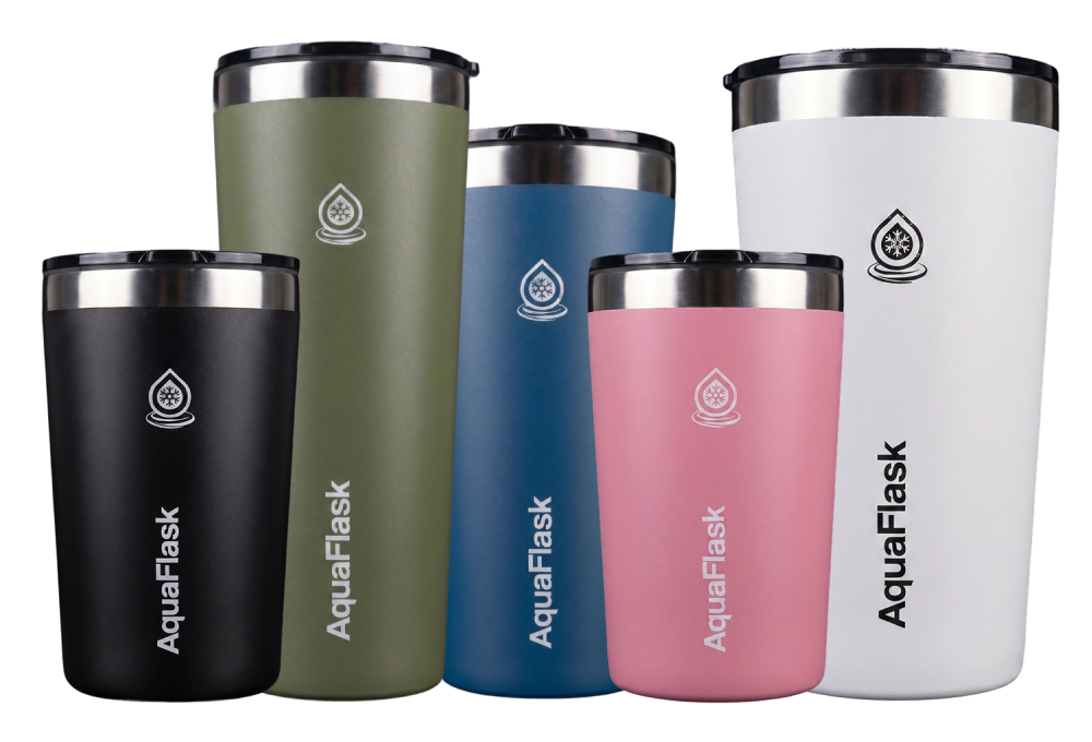 AquaFlask insulated travel mugs in various colors and sizes, perfect for keeping drinks hot or cold on the go.