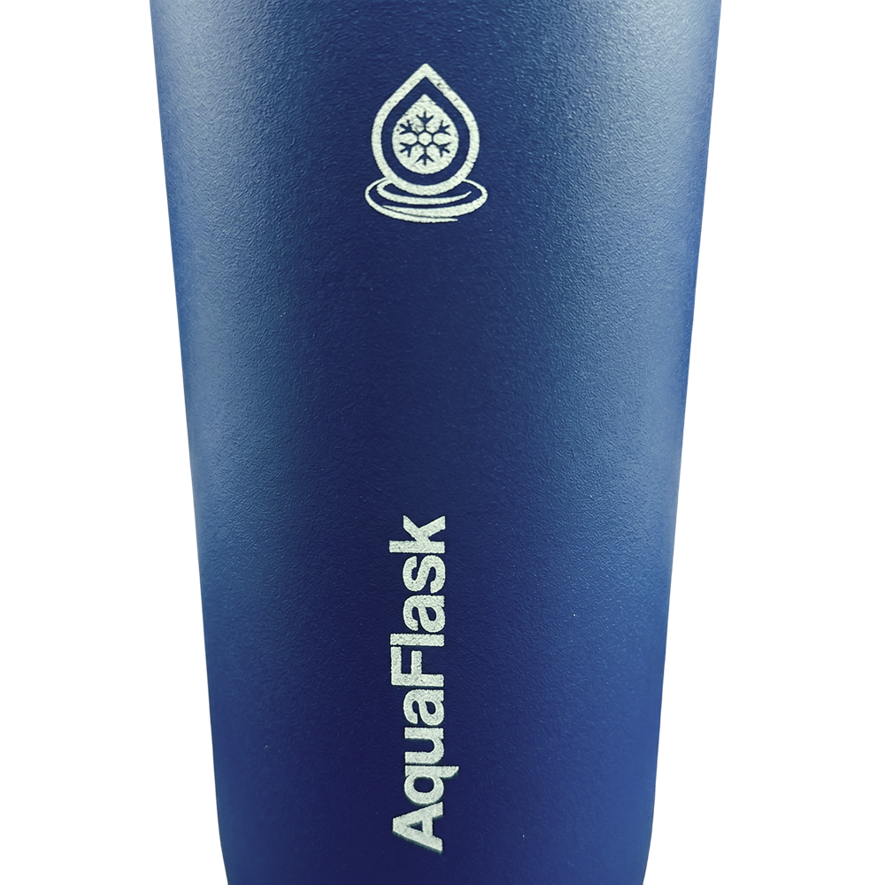 Blue Aquaflask Insulated travel mug with logo, perfect for keeping drinks hot or cold on the go.