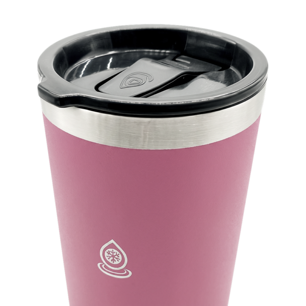 Pink Aquaflask insulated travel mug with secure black lid, ideal for hot and cold beverages on the go.