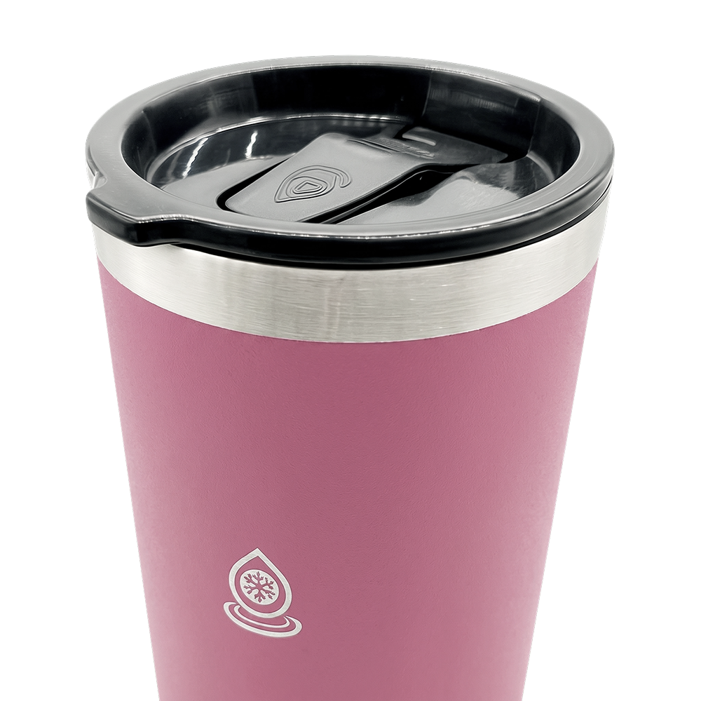 Pink Aquaflask insulated travel mug with secure black lid, ideal for hot and cold beverages on the go.