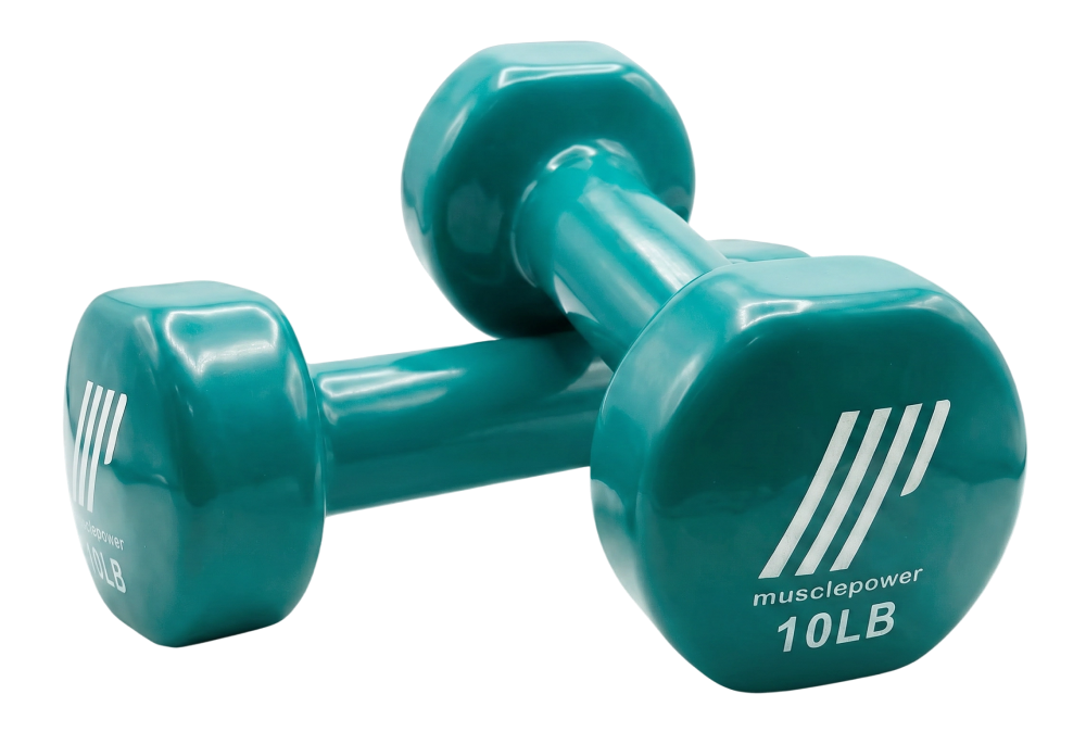 Pair of green Muscle Power 10LB exercise dumbbells for strength training and home workouts.