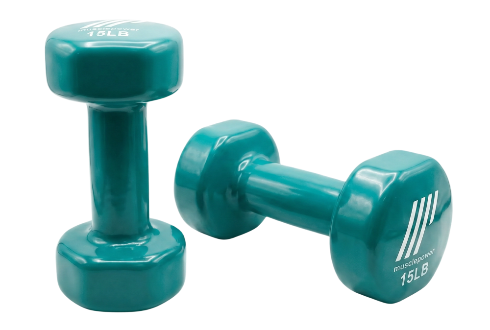 Pair of teal Muscle Power exercise dumbbells, 7.5 lbs each, ideal for strength training and workouts.
