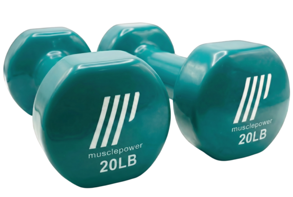 Pair of Muscle Power 20LB exercise dumbbells in teal, ideal for strength training and home workouts.