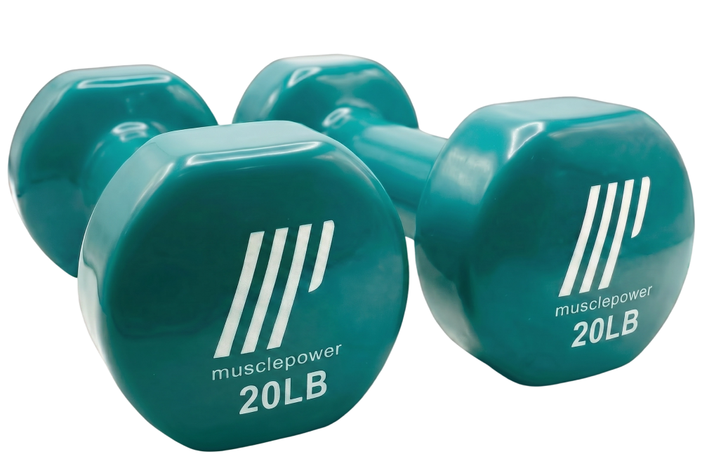 Pair of Muscle Power 20LB exercise dumbbells in teal, ideal for strength training and home workouts.