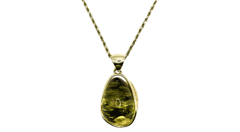 Gold rope chain necklace with a polished yellow amber pendant, shown against a white background.