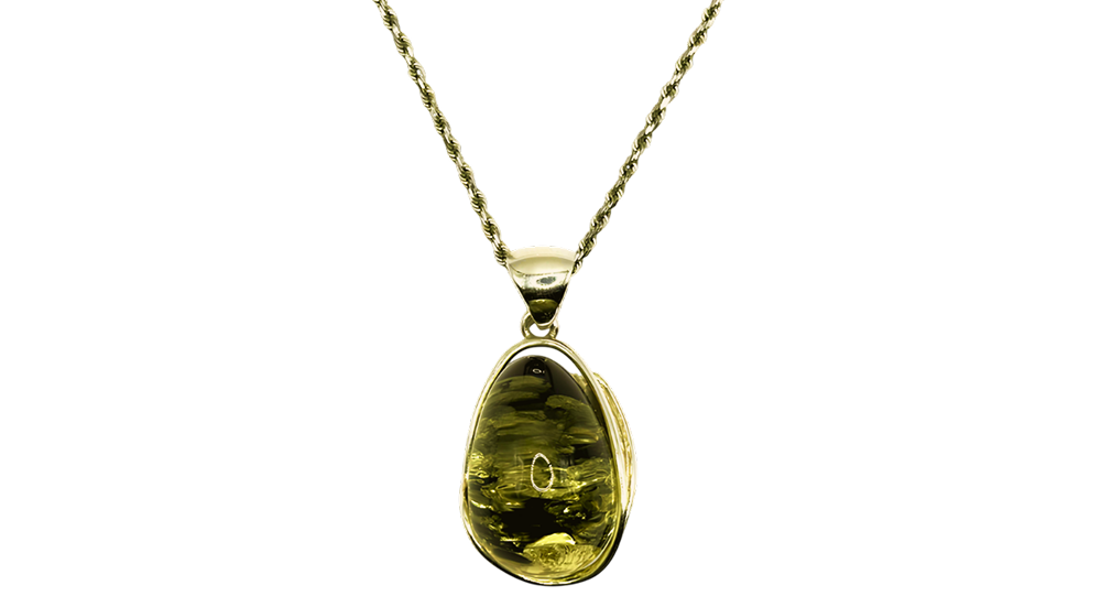 Gold rope chain necklace with a polished yellow amber pendant, shown against a white background.