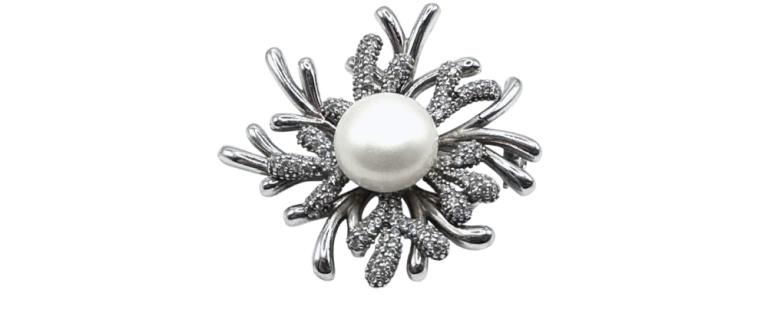 Silver Coral Accent Brooch Pin featuring a central pearl surrounded by textured silver coral-inspired branches.