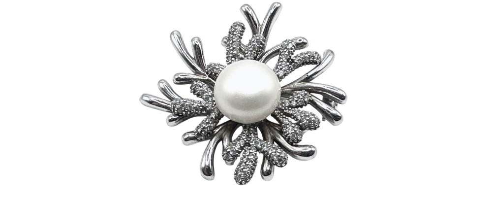 Silver Coral Accent Brooch Pin featuring a central pearl surrounded by textured silver coral-inspired branches.