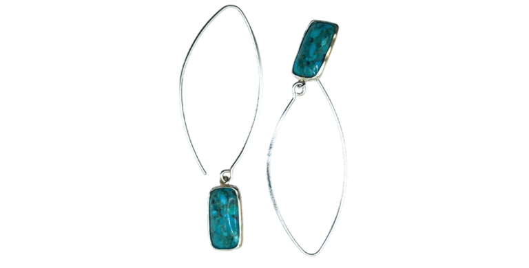 Silver drop earrings with turquoise rectangular stones displayed on a white background.