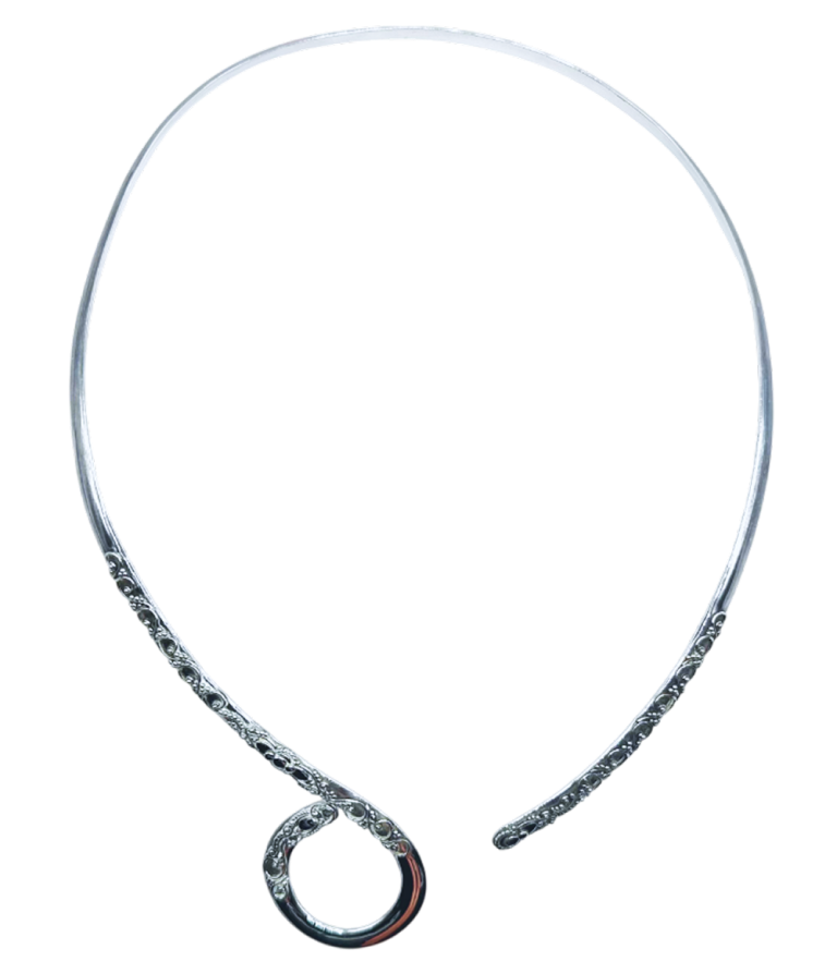 Silver Loop Open Collar Necklace with textured detailing and a loop accent at one end, displayed on white background.