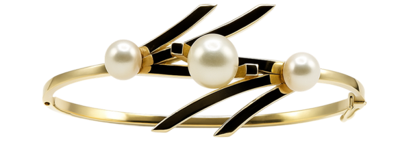 Gold bangle bracelet with three white pearls and black enamel accents, displayed on a white background.