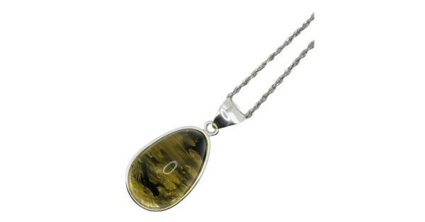 Rope chain necklace featuring a polished amber teardrop pendant set in silver.