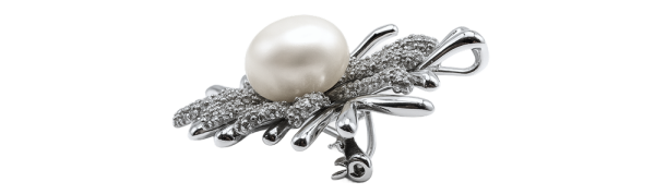 Silver Coral Accent Brooch Pin with a large pearl centerpiece and intricate coral-inspired detailing.