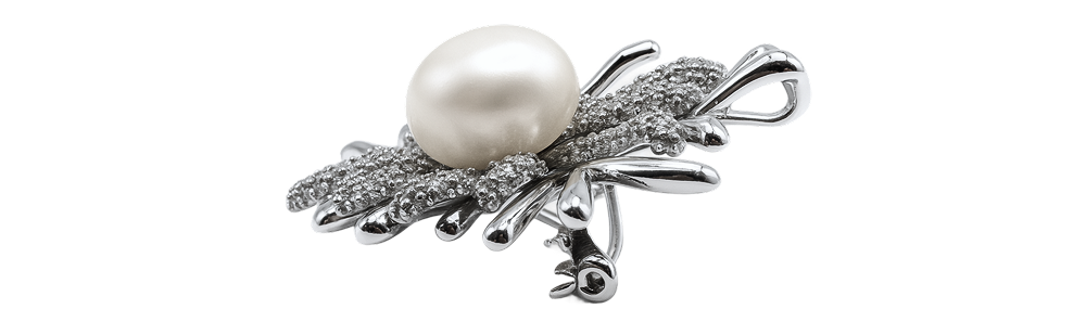 Silver Coral Accent Brooch Pin with a large pearl centerpiece and intricate coral-inspired detailing.