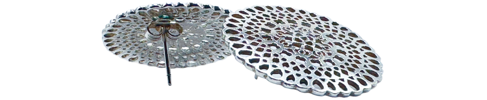 Pair of intricate silver disc earrings with cut-out geometric patterns displayed on a white background.