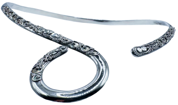 Silver Loop Open Collar Necklace with ornate engraved detailing along the band, displayed on a white background.