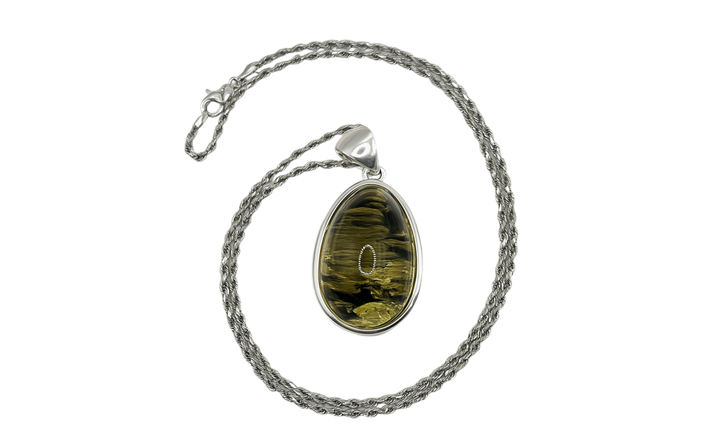 Rope chain amber necklace with a teardrop-shaped amber pendant in a silver setting.