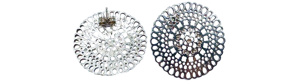 Pair of silver disc earrings with intricate, lacy cutout design displayed on a product page.