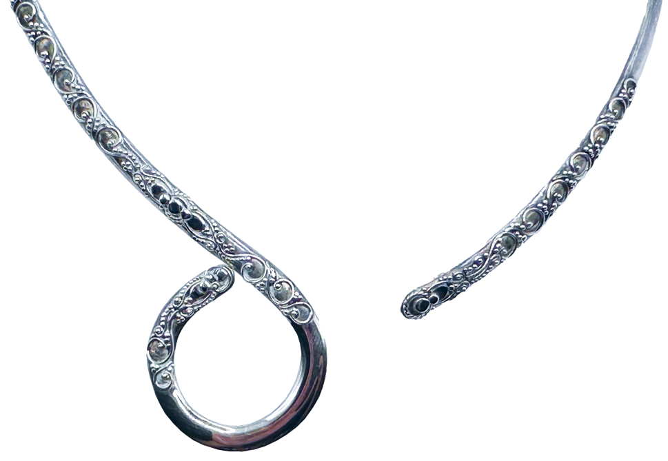 Silver Loop Open Collar Necklace with ornate engraved detailing and an open circular loop design.