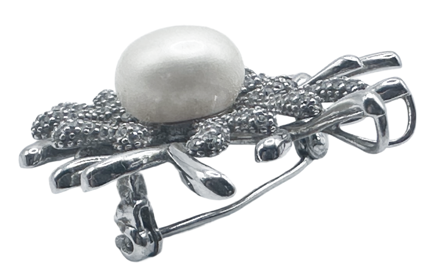 Silver Coral Accent Brooch Pin featuring a textured coral design with a central round white pearl.