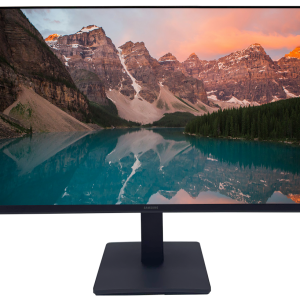 Samsung Essential Monitor S3 24″ displaying a scenic mountain landscape with a clear, vibrant lake.