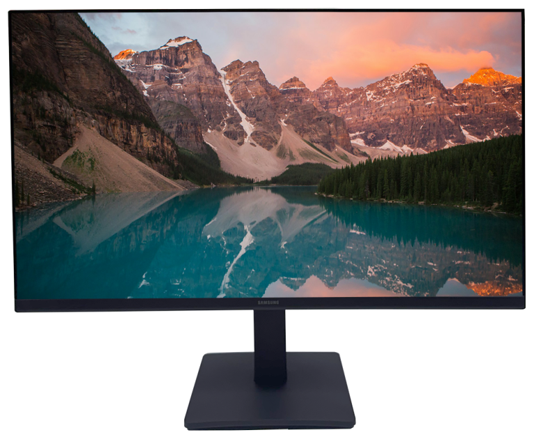 Samsung Essential Monitor S3 24″ displaying a scenic mountain landscape with a clear, vibrant lake.