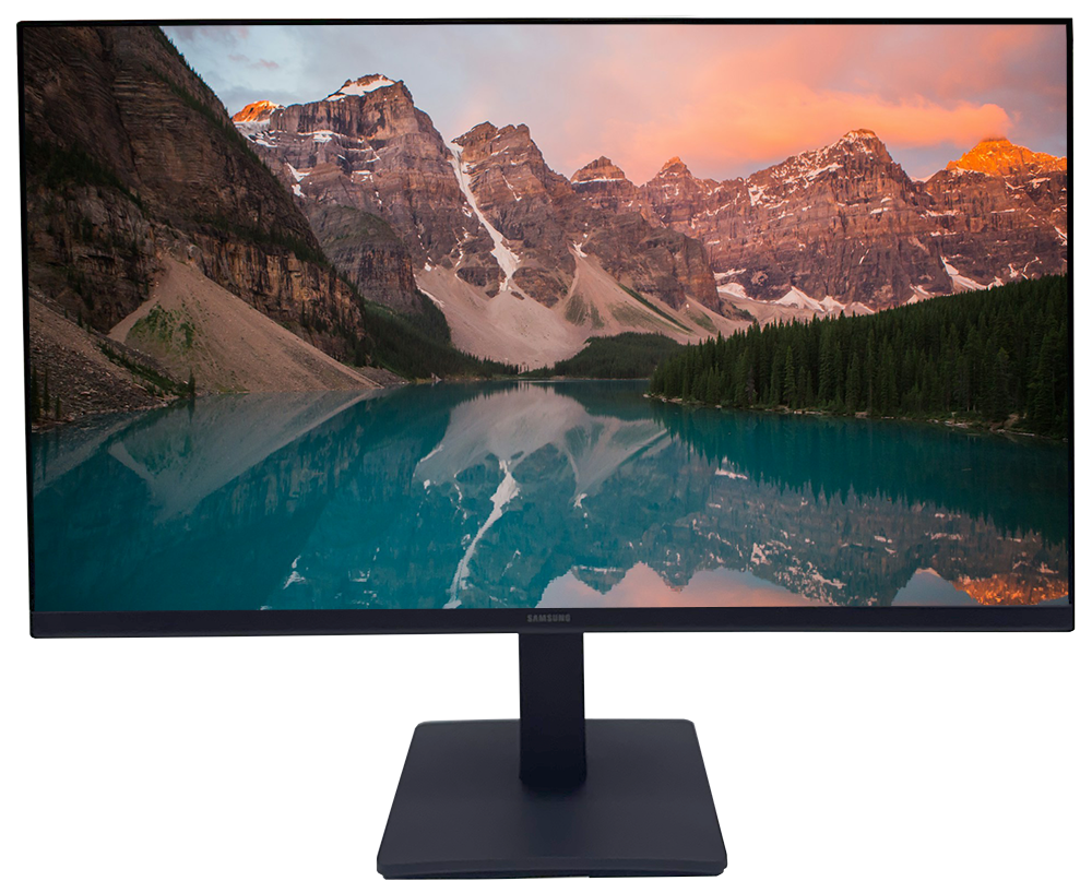 Samsung Essential Monitor S3 24″ displaying a scenic mountain landscape with a clear, vibrant lake.