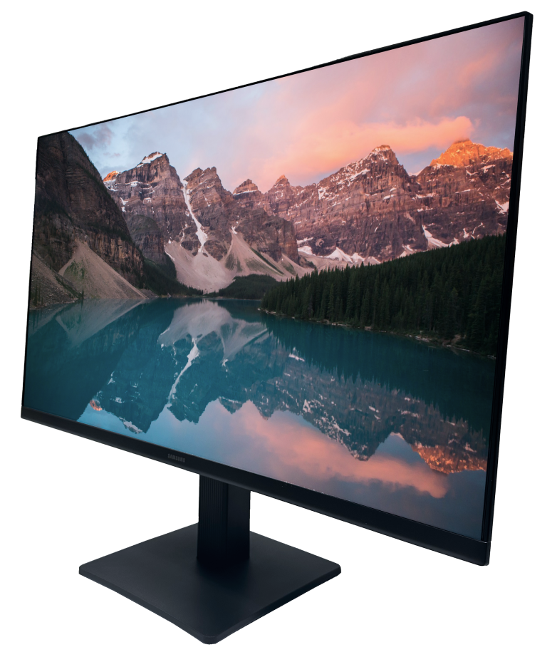 Samsung Essential Monitor S3 24″ displaying a mountain landscape on a modern, slim stand.