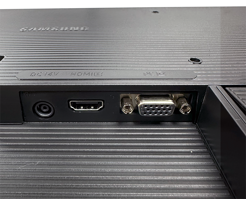 Rear ports of Samsung Essential Monitor S3 24″ showing power, HDMI, and VGA connectors.
