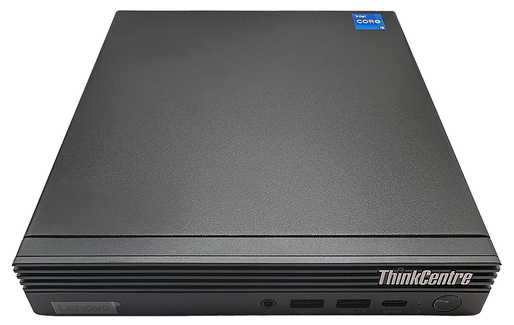 Front view of Lenovo ThinkCentre M70q Gen 5 Desktop PC showing ports and ThinkCentre branding.