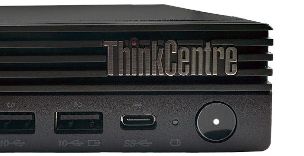 Primo piano del pannello frontale di Lenovo ThinkCentre M70q Gen 5 PC Desktop con porte USB e pulsante di accensione.