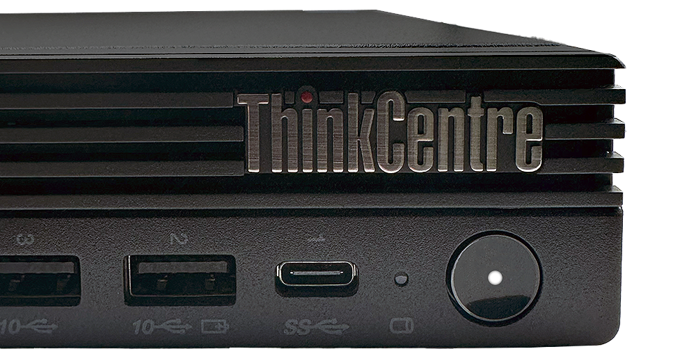 Front view of Lenovo ThinkCentre M70q Gen 5 Desktop PC showing ports, power button, and ThinkCentre logo.