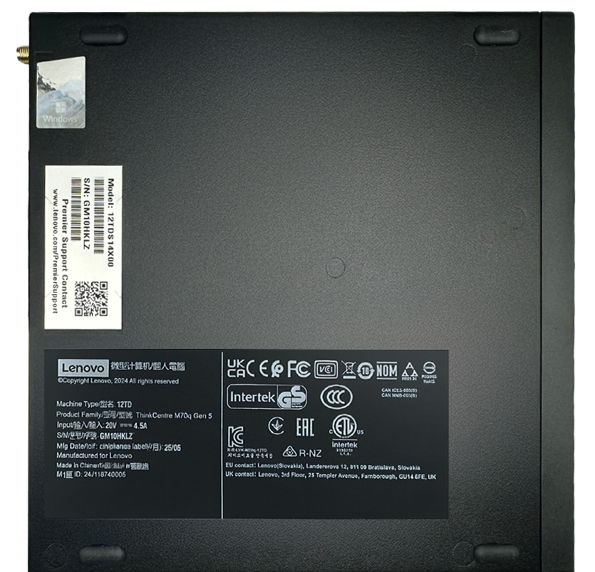 Bottom view of Lenovo ThinkCentre M70q Gen 5 Desktop PC showing product labels and certification marks.