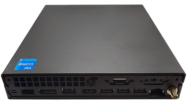 Rear view of Lenovo ThinkCentre M70q Gen 5 Desktop PC showing various ports and connectivity options.