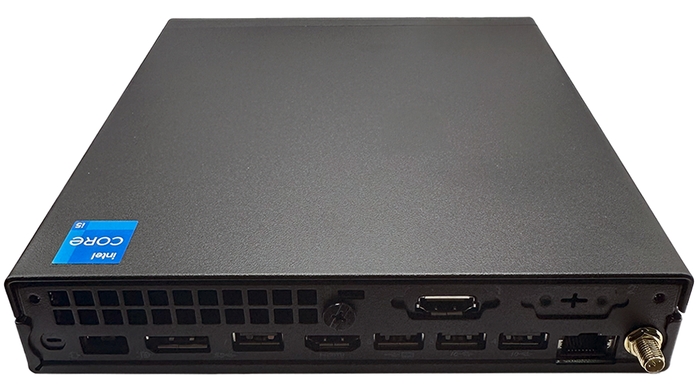 Rear view of Lenovo ThinkCentre M70q Gen 5 Desktop PC showing various ports and connectivity options.