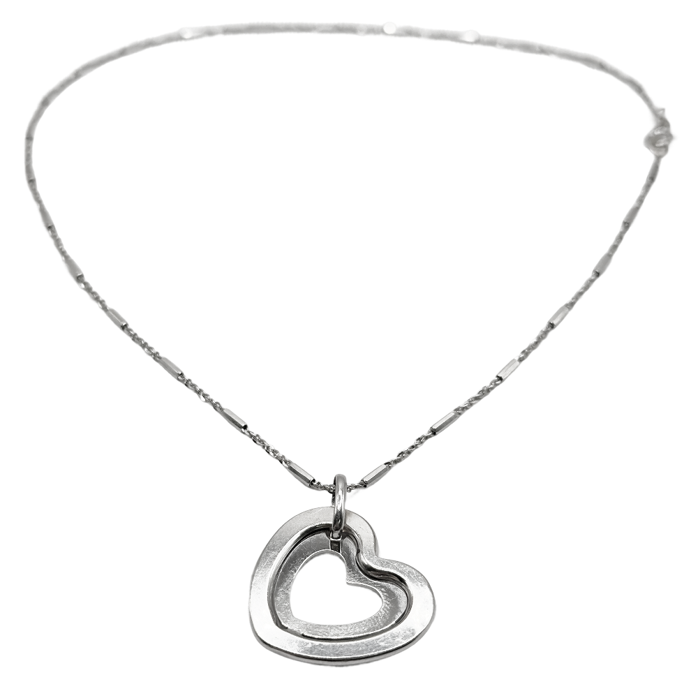 Silver heart pendant necklace with a delicate chain, featuring an open double-heart design.