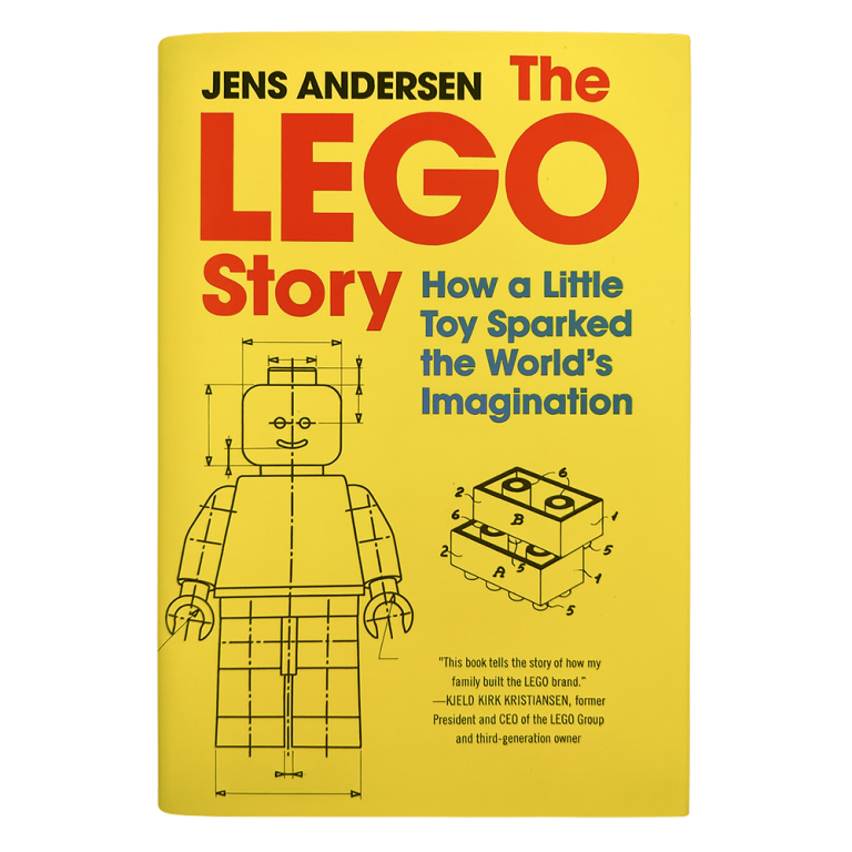 Book cover of "The LEGO Story" featuring a LEGO minifigure design and colorful text on a yellow background.