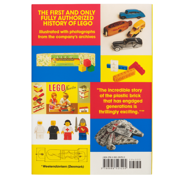 Back cover of "The LEGO Story" book, featuring vintage LEGO sets, minifigures, and product photos.