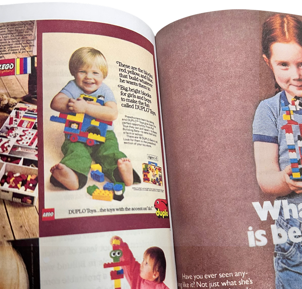 Vintage LEGO advertisement featuring a child holding a colorful DUPLO model, as seen in The LEGO Story product presentation.
