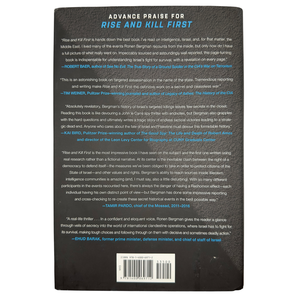 Back cover of "Rise and Kill First" featuring advanced praise quotes and book summary on a black background.