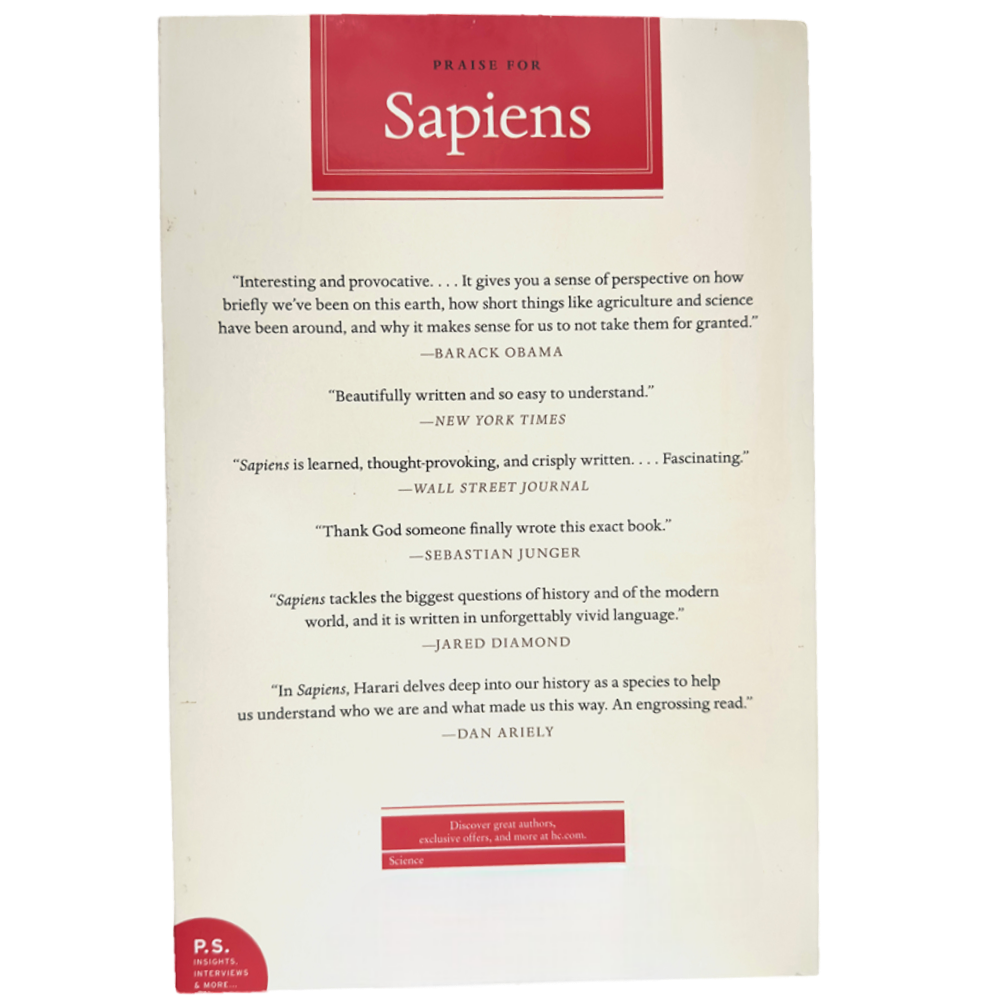 Back cover of "Sapiens" featuring praise and reviews from notable figures and publications.