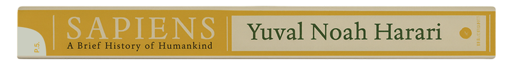Book spine of "Sapiens: A Brief History of Humankind" by Yuval Noah Harari, yellow and white design.
