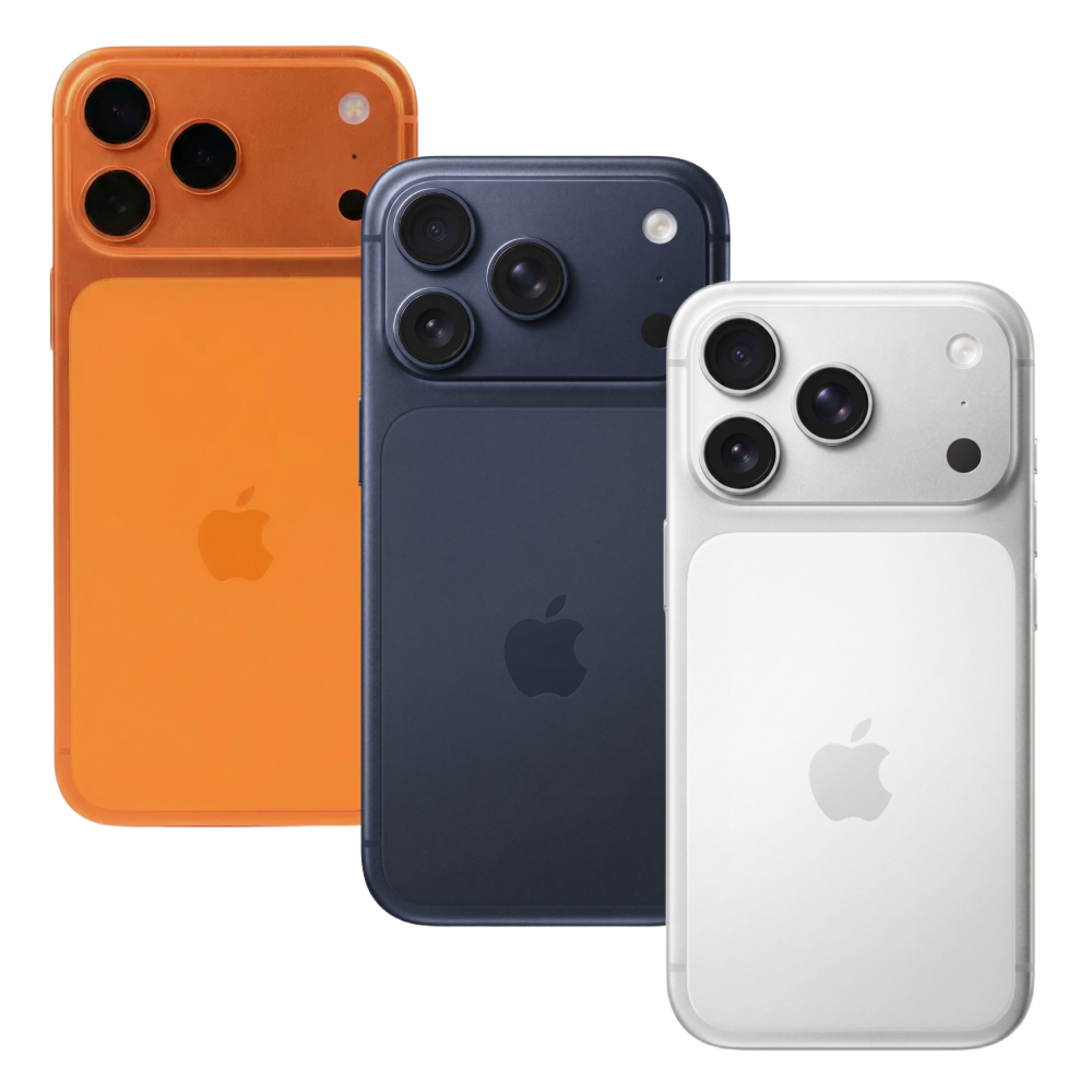Three iPhone 17 Pro devices in orange, blue, and white colors displayed on the product page.
