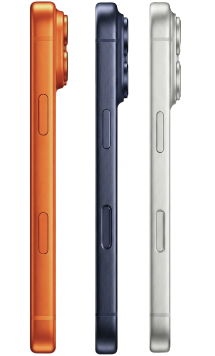 Side view of three iPhone 17 Pro models in orange, blue, and silver shown for apple trade in program.