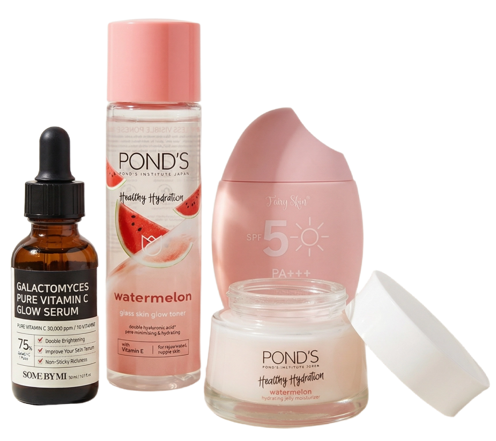 Daily skincare routine products including face mask, serum, toner, sunscreen, and moisturizer on white background.