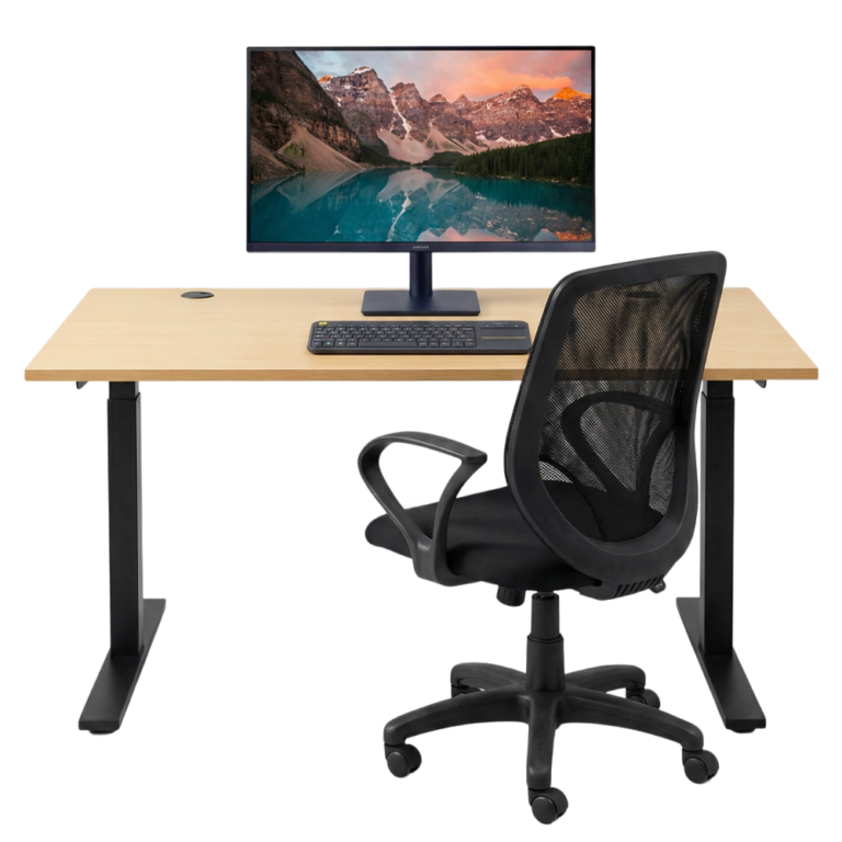 Desk with monitor stand, keyboard, and ergonomic chair—ideal for a home office starter bundle setup.
